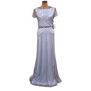 NWT Adrianna Papell Formal Maxi Dress Size 2 Pastel Blue Silver Sequin Bead Gown